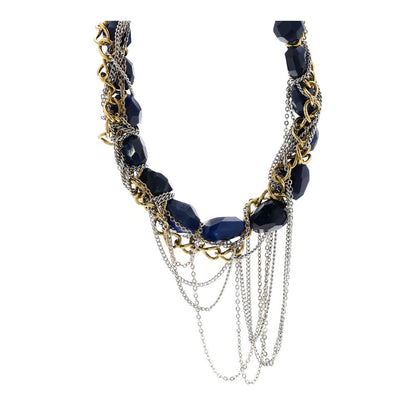 Gold Plated Navy Blue Agate Stone Beaded Necklace