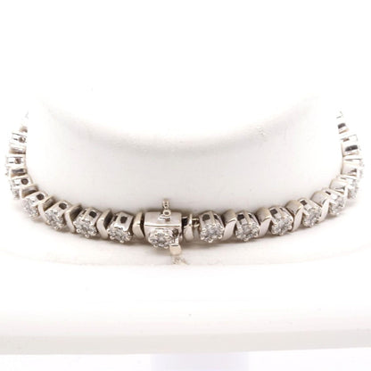 14K White Gold S Link Round Diamond Cluster Tennis Bracelet