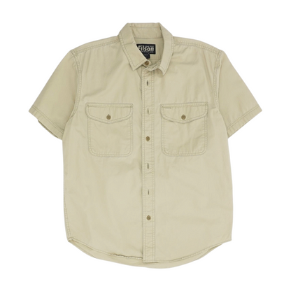 Beige Solid Short Sleeve Button Down