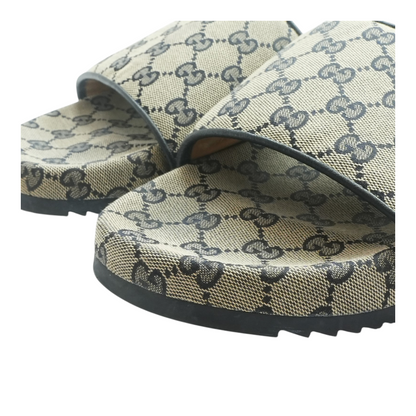 Beige and Blue GG Supreme Canvas Slide Sandals