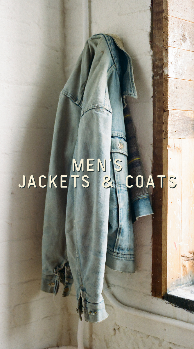 a denim jacket hanging on the wall - caption: "Men's Jackets & Coats"