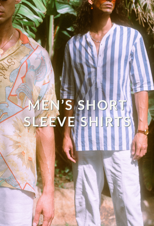 two people in summer shirts with caption: Men's Short Sleeve Shirts" 