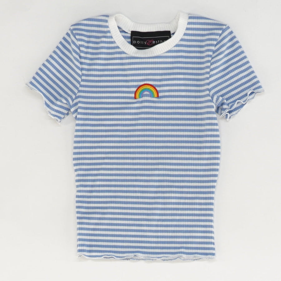 Blue Striped Rainbow Embroidered Short Sleeve Blouse