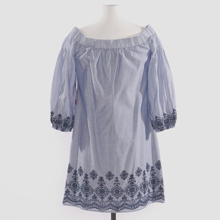 Off-the-Shoulder Denim Embroidered Hem Dress - Size 4, 6, 8