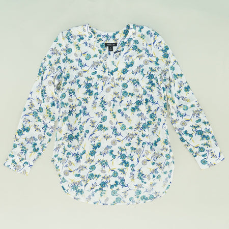 White and Green Floral Long Sleeve Blouse