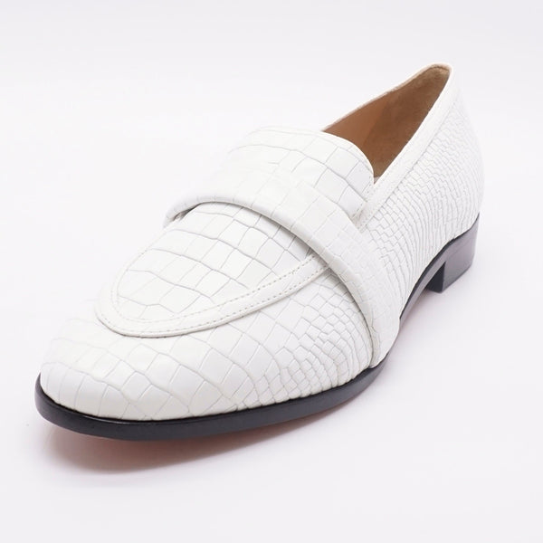 Romina Snake-Embossed Apron-Toe Loafers in White
