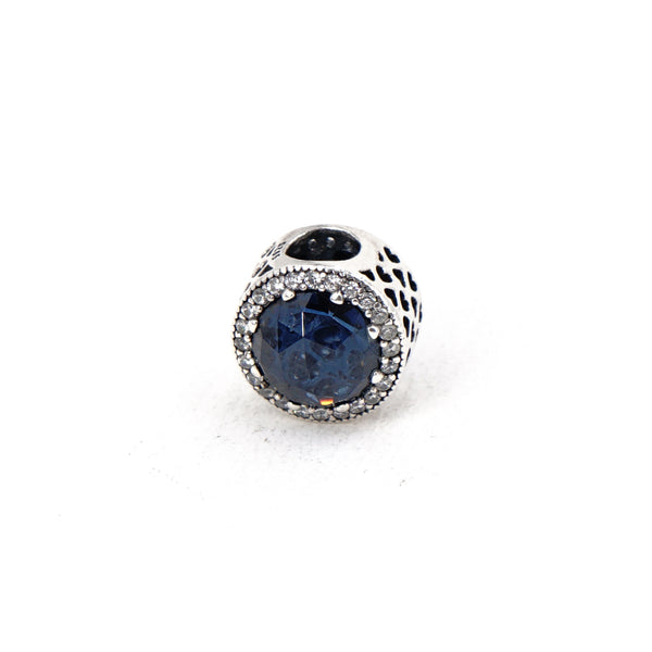 Sterling Silver Radiant Heart Charm with Blue Crystal and CZ