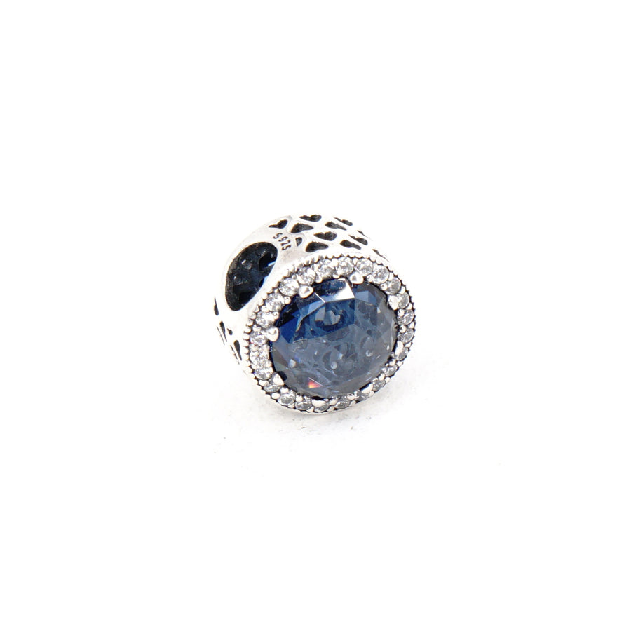 Sterling Silver Radiant Heart Charm with Blue Crystal and CZ