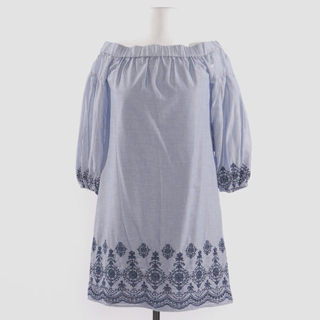 Off-the-Shoulder Denim Embroidered Hem Dress - Size 4, 6, 8
