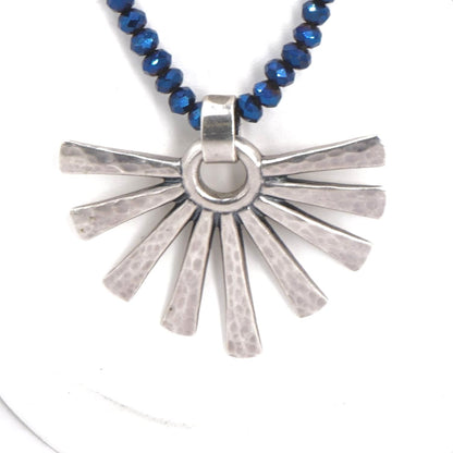 Sterling Silver Hammered Sunburst Pendant On Beaded Necklace